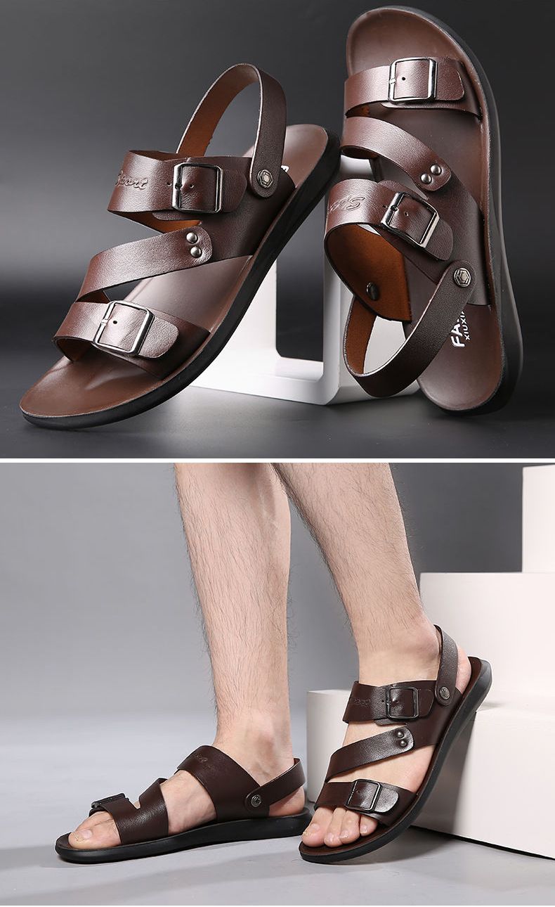 Fashion Comfortable Men's Sandals Solid Color Open Toe Mens Leather Sandals 2023 New Slippers Beach For Male Leather Footwear_voghion.com