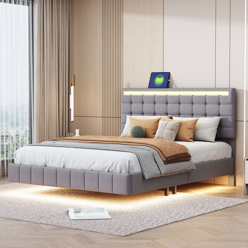 Polsterbett 140x200cm, Schwebebett Mit LED, Kopfteil, Leinen Grau_voghion.com