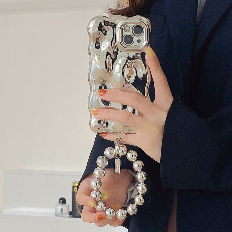 Custodia di lusso con motivo meteorite 3D elettroplaccato per iPhone 16 15 14 13 11 12 Pro Max, custodia antiurto in argento con bracciale con perline rotonde_voghion.com