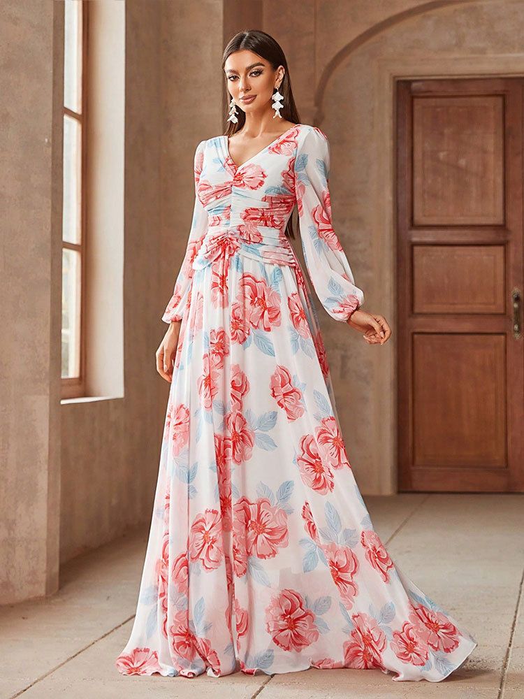 Floral Chiffon Maxi Dress With V-Neck & Lantern Sleeves – A-Line High Waist Evening Gown For Beach Vacation, Date Night_voghion.com