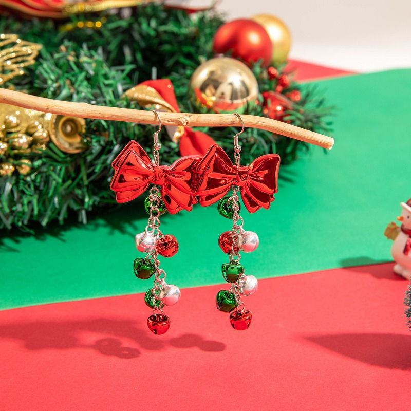 Christmas Jingle Bell Earrings - Red Bow Dangle Earrings With Multi-Color Bells, Festive Holiday Jewelry For Women, Christmas Party Statement Accessor_voghion.com
