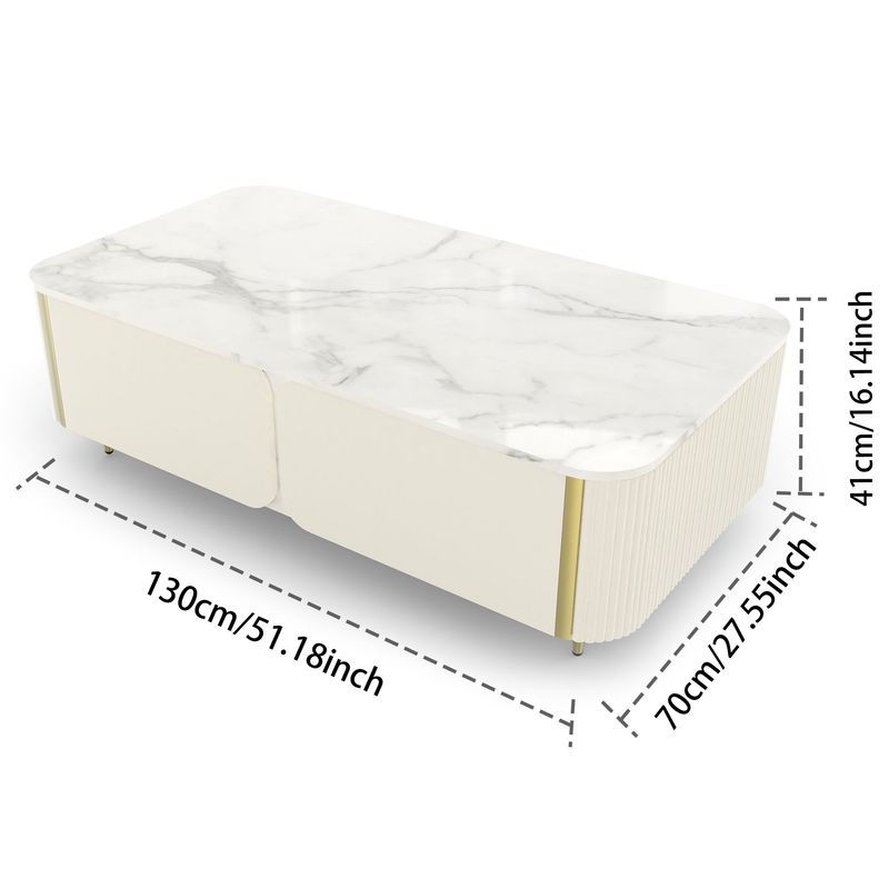 1pc Modern Luxury Coffee Table, 51.1" Rectangle Coffee Table With Drawer, Marble Top, Curved Profile Design, Gold Metal Decor, Center Table For Living Room,Side Table For Apartment_voghion.com