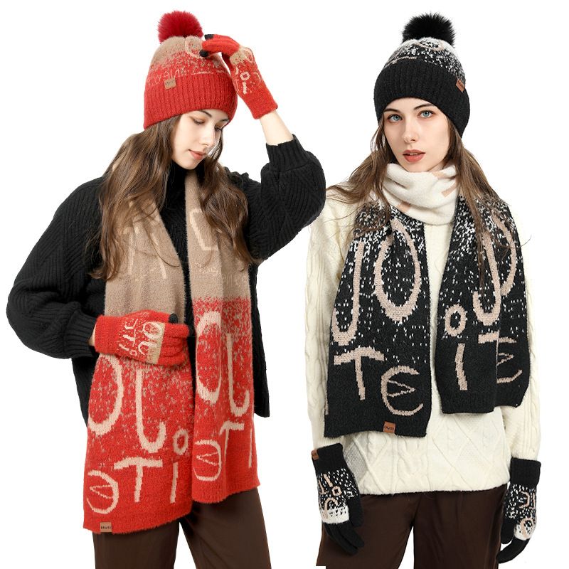 Fashion Winter Knitted Women's Jacquard Thickened Imitation Mink Scarf, Hat And Gloves Three-piece Set_voghion.com