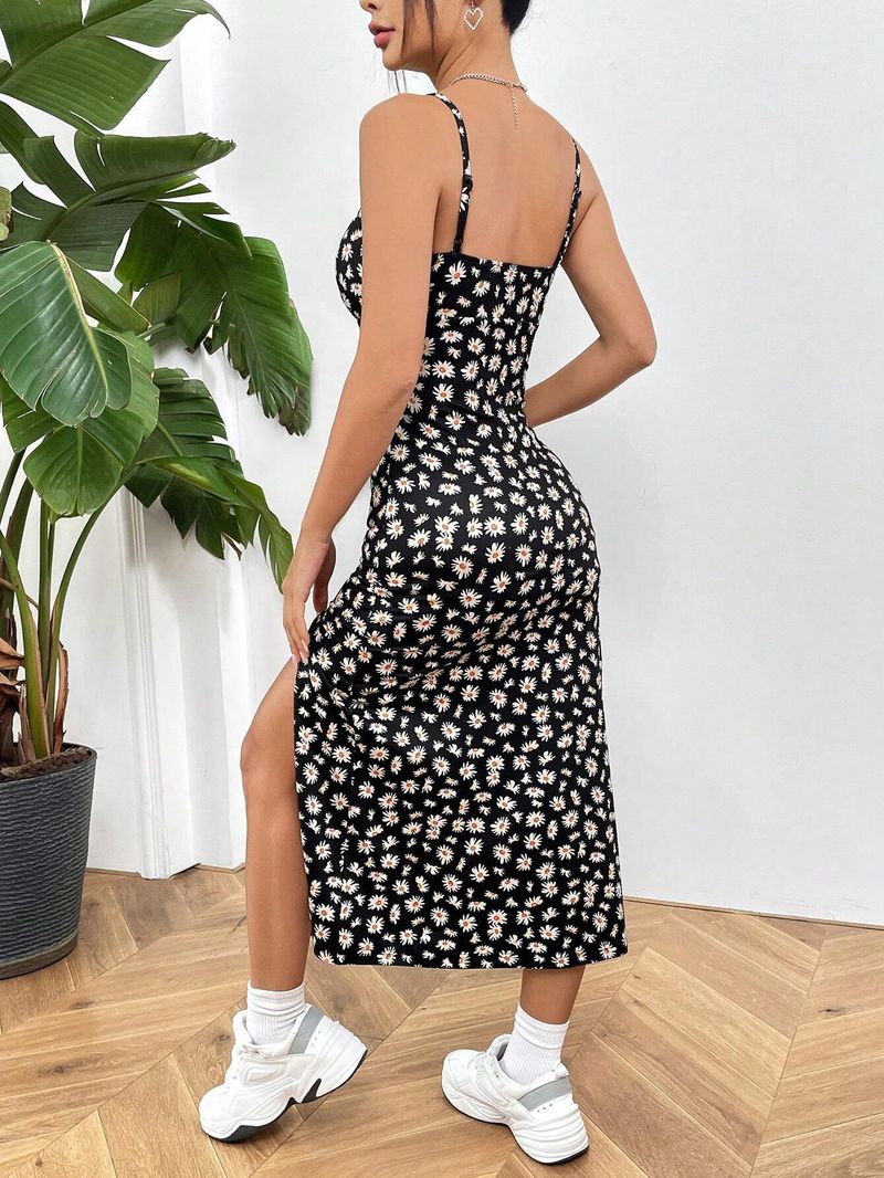 Women's 2025 Spring/Summer Strap Wrapped Chest High Slit Daisy Printed Dress_voghion.com