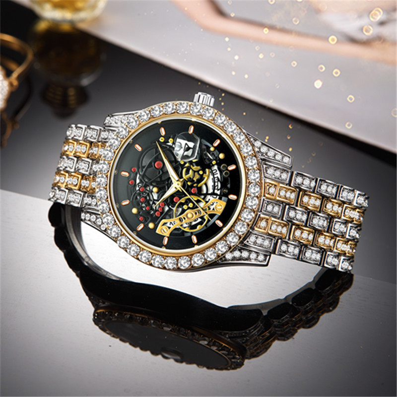 Men's Luxury Hip-Hop Style Quartz Watch With Diamond Accents, Skeleton Dial & Date Display, Stainless Steel Band (Sizes 41mm) Quartz Watch_voghion.com