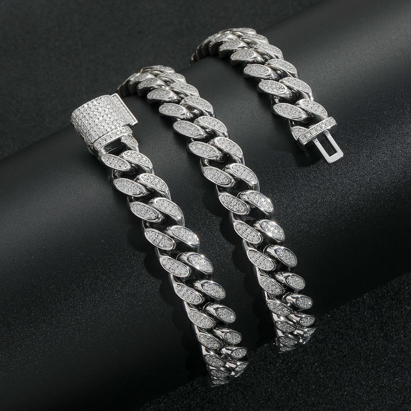 Men’s Jewelry Set Fashion Hip Hop Zircon Necklace 12mm Flip Buckle Double Row Full Diamond Cuban Chain Trendy Personality Men's Hip Hop Necklace_voghion.com