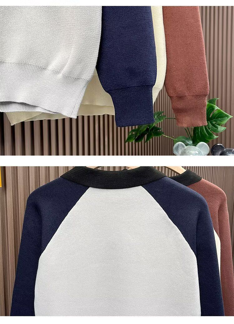Herren-Pullover im japanisch-koreanischen Hybrid-Stil mit halbem Reißverschluss – Pullover mit kontrastierendem Revers und Polokragen (Gräulich/Aprikose, M-3XL)_voghion.com