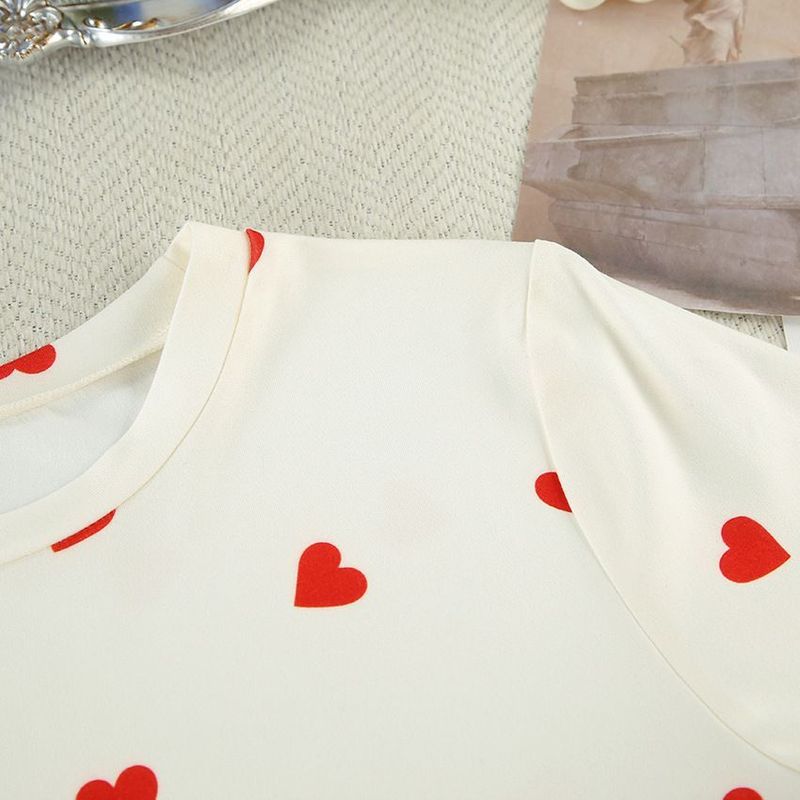 Kvinders pyjamassæt, kærlighedsmønsterudskrivning Bløde kortærmede shorts Loungewear-sæt_voghion.com