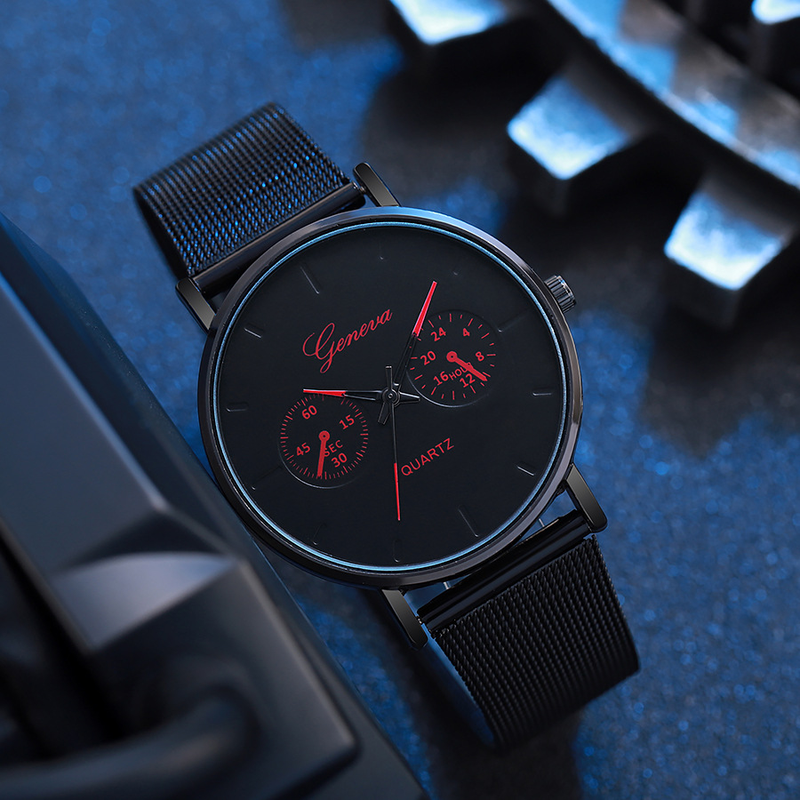 Orologio da uomo sottile con cinturino in maglia di acciaio, nuovo quarzo business di Ginevra, popolare orologio da uomo sottile con ago blu_voghion.com