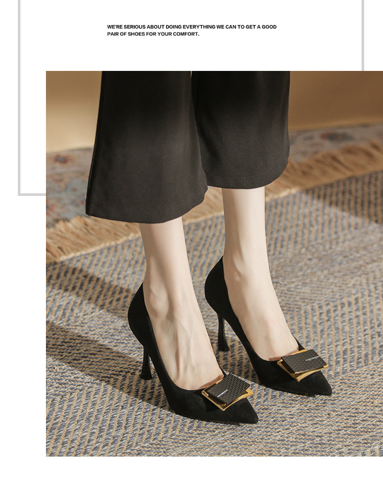 6685-13 Schwarze, professionelle High Heels für Damen, Stiletto-Göttinnen-Stil, spitze Zehenpartie, quadratische Schnalle, bequemer, flacher Absatz_voghion.com