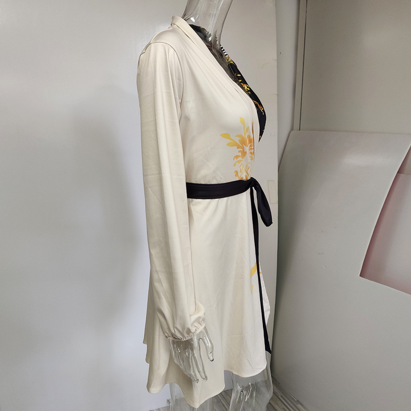 Elegante abito monopezzo con cintura in vita e motivo a blocchi di colore per donna - Abito estivo fluido con scollo a V e maniche lunghe, comodo tessuto in poliestere_voghion.com