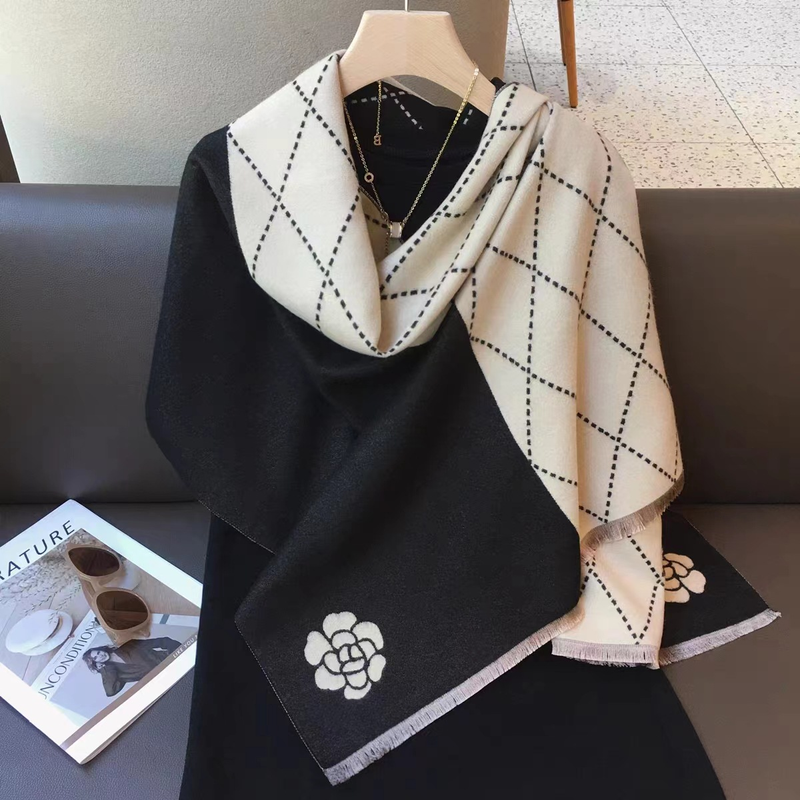 Designer Style Autumn And Winter Imitation Cashmere Scarf, Peony Flower Style, New Warm Shawl, Scarf, Camellia Dual Purpose Printed Scarf_voghion.com