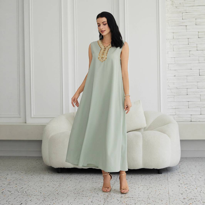 Elegantes, besticktes Abaya-Kleiderset mit Weste aus Dubai für Muslime – langärmliges Maxikleid mit Blumenspitze für Damen (Hellgrün, M/L/XL/XXL)_voghion.com