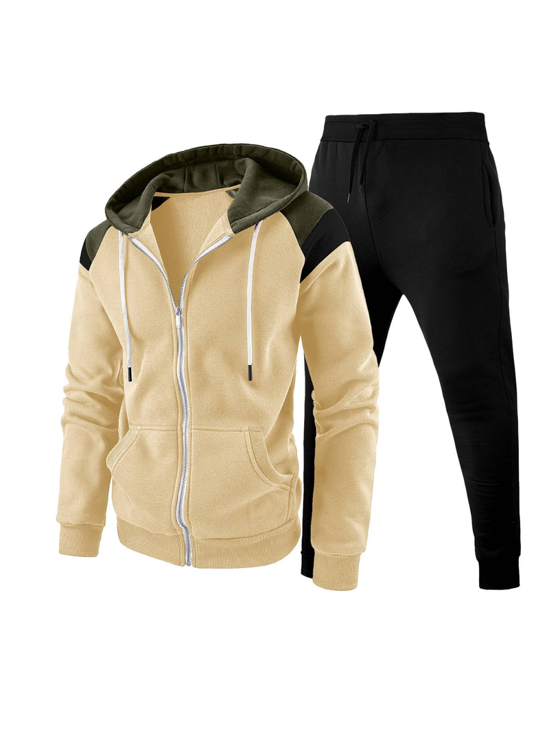 Men's Color-Block Zip-Up Hoodie & Joggers Set – Trendy Streetwear, 100% Polyester, Breathable & Lightweight (Oversized Fit, Unisex Appeal)_voghion.com
