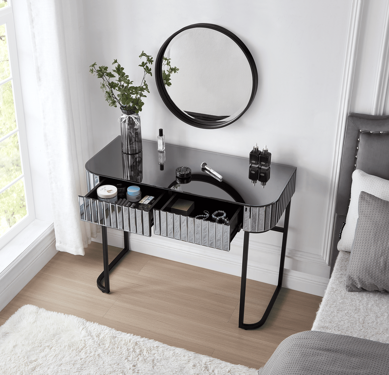 39" Mirrored Makeup Vanity Table With Stainless Steel Base, Mirrored Console Dressing Table With 2 Drawers,Versatile Desk For Bedroom And Office, Gray_voghion.com