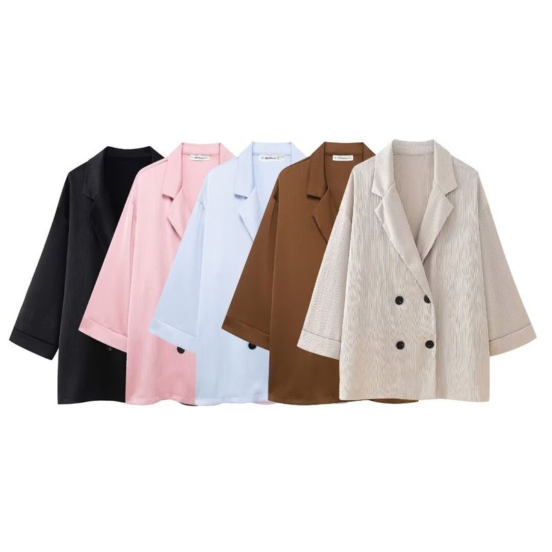 Roupas femininas estilo de rua com efeito amassado, blazer trespassado, calças com efeito amassado_voghion.com