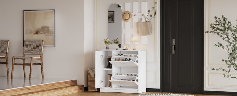 Meuble à chaussures avec portes battantes et coulissantes, rangement d'entrée avec miroir et crochets, étagère à chaussures blanche pour petits couloirs, rangement de salon_voghion.com