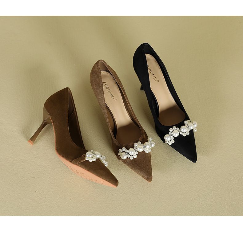811-B7 French Style Pointed Toe Heels For Women, Stiletto Pearl Single Shoes, Elegant Socialite Solid Color Ultra High_voghion.com