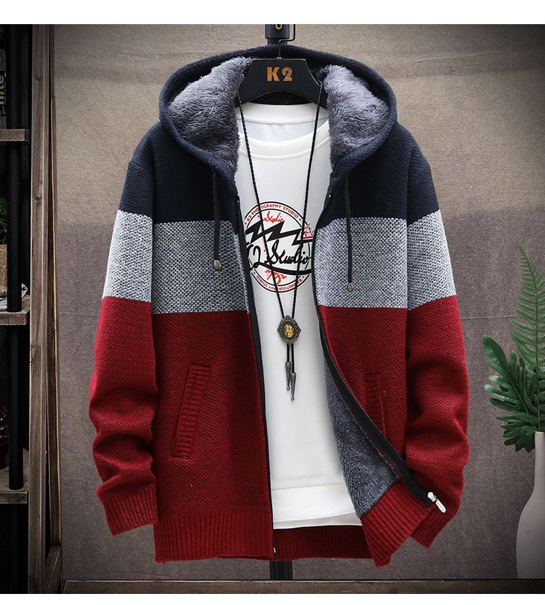 Men's Clothing Spring Autumn Winter New Large Size Loose Sweater Striped Hooded Knitwear Casual Young and Middle-aged Fleece-lined Jacket Thick_voghion.com