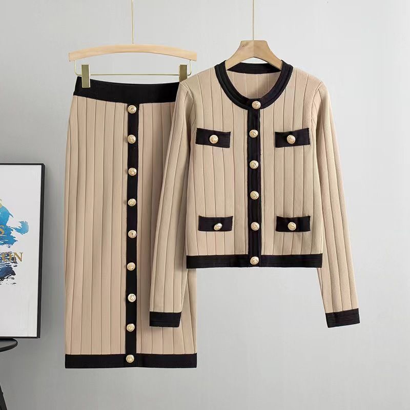 Roupas femininas terno saia temperamento senhora saia malha cardigan vestido de duas peças_voghion.com