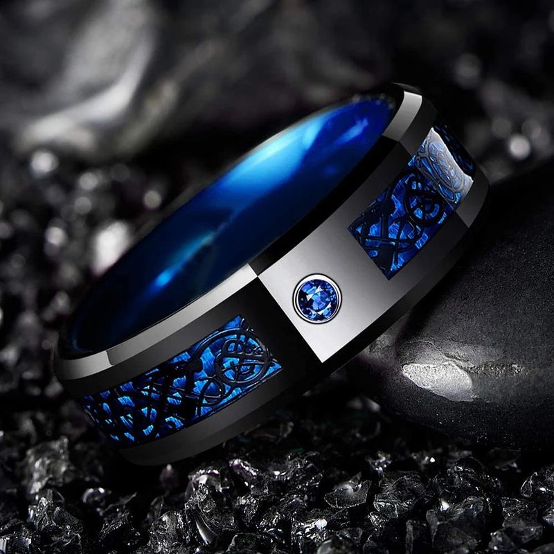 Vendite calde Moda 8mm Nero Tungsteno Nozze Celtico Drago Intarsiato Zircone Anelli In Acciaio Inossidabile per Uomo Anello Blu Fibra di Carbonio_voghion.com