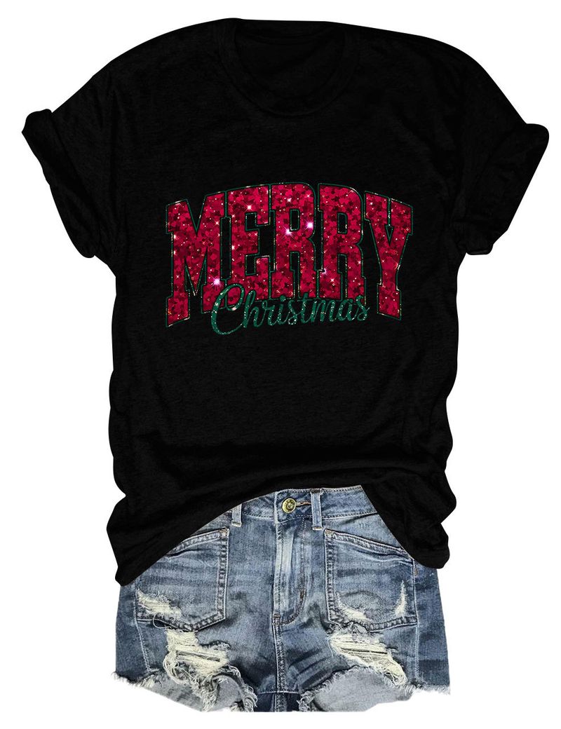 Casual Versatile Women's Merry Christmas Round Neck Short Sleeve T-Shirt Base Shirt_voghion.com