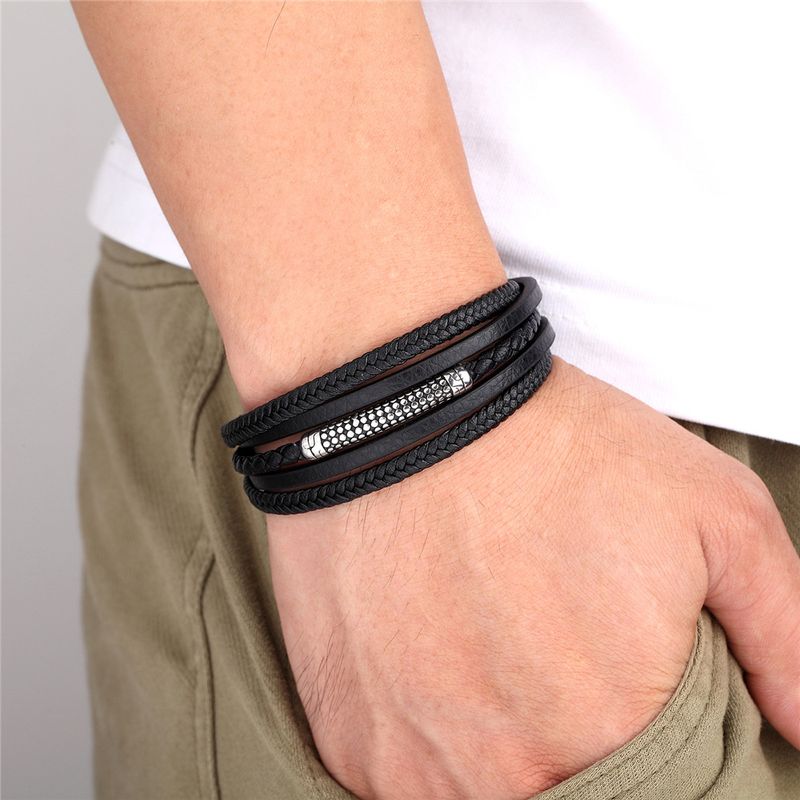 Bracciale multistrato in vera pelle intrecciata a mano, bracciale da uomo in acciaio inossidabile in stile etnico_voghion.com