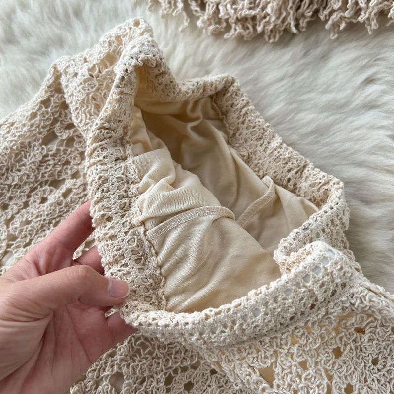 Women's Clothing Spring and summer travel holiday style V-neck tassel suspender tube top + high waist flared pants hook flower two-piece suit_voghion.com