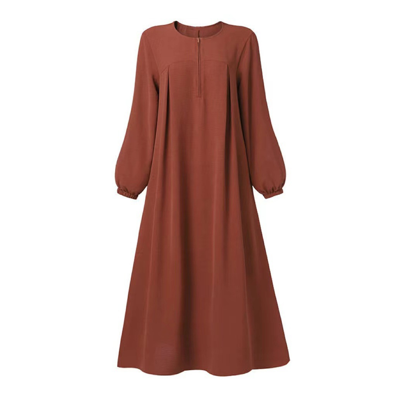 Women Front Zipper Round Neck Elastic Cuffs Long Robe_voghion.com