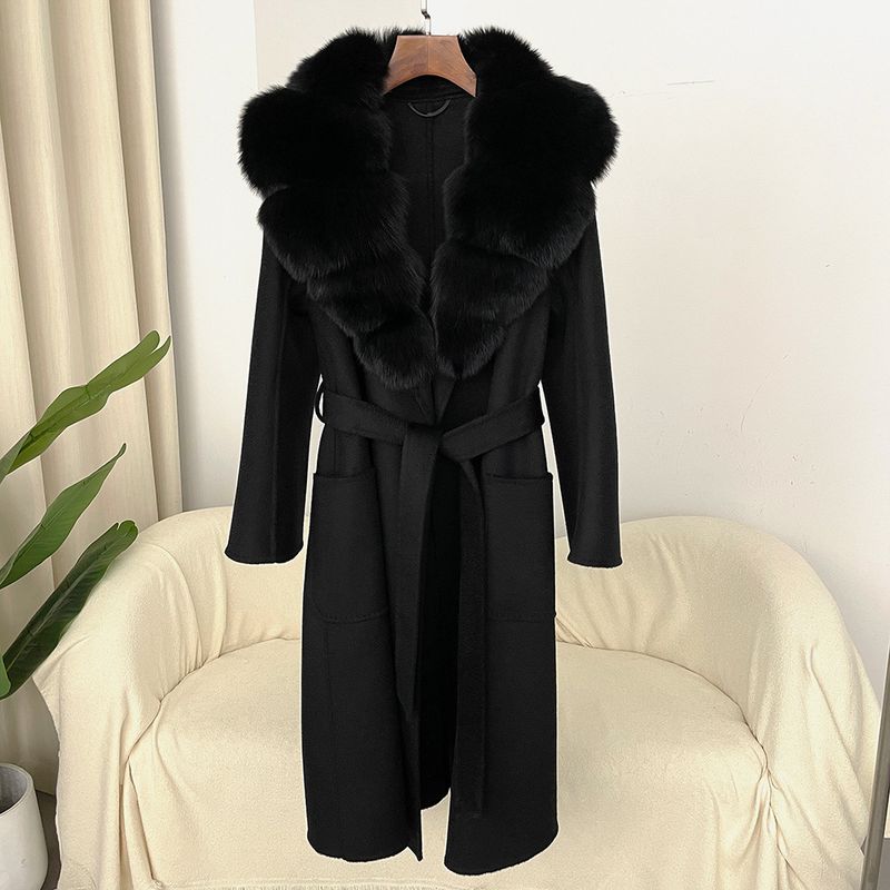 Luxe dubbelzijdige wollen jas met vossenbontkraag voor dames - elegante oversized lange jas in meerdere kleuren_voghion.com