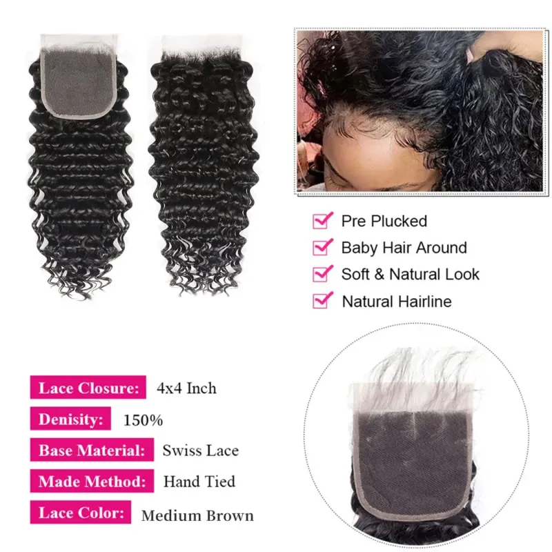 Deep Wave 3 Bündel mit 13x4 Lace Frontal Brasilianisches Echthaar 4x4 Lace Closure_voghion.com
