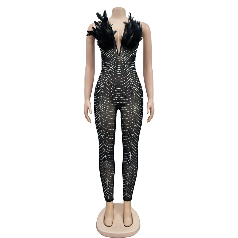 Dammode dam enfärgad sexig mesh strass byxor jumpsuit Nyårsaftonklänning_voghion.com