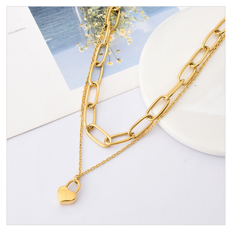 European and American cross-border new double-layer chain love lock pendant titanium steel metal hip-hop advanced cold style necklace_voghion.com