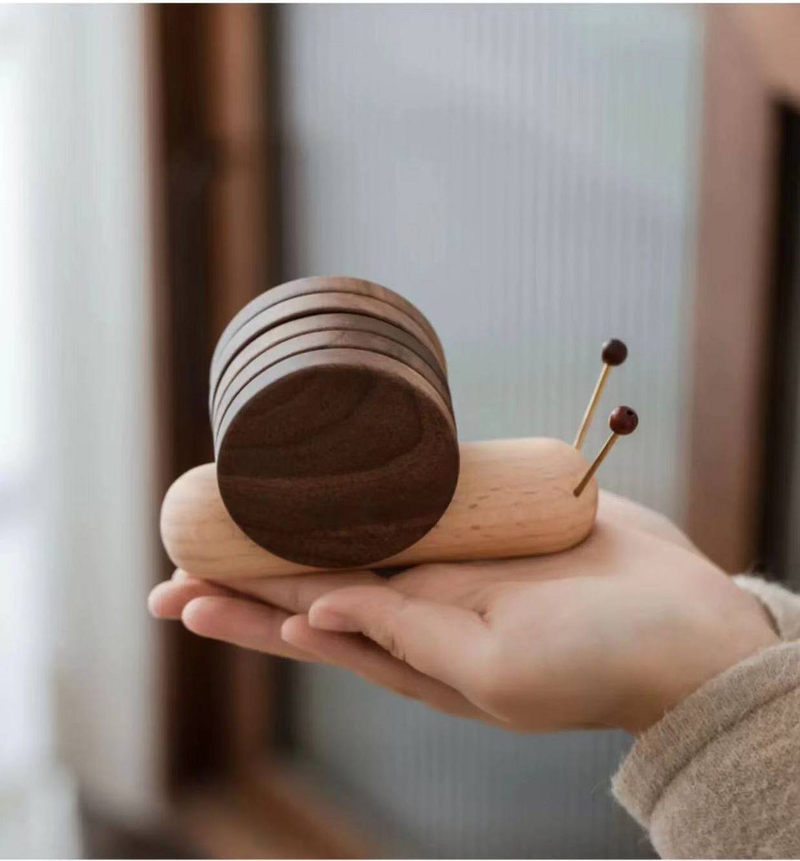 Dessous de verre décoratif en forme d'escargot en noyer noir, isolant thermique, idéal pour tasse à thé ou café_voghion.com