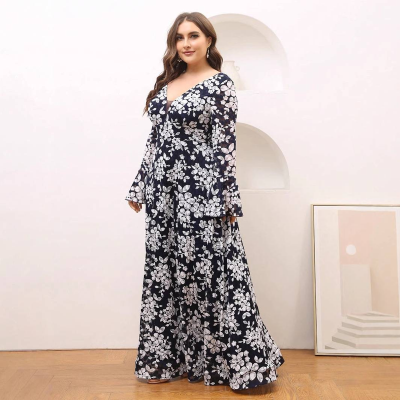 Elegantes Maxikleid mit langen Ärmeln und Blumenmuster für Damen – Abendkleid in Übergröße mit V-Ausschnitt und A-Linie und Glockenärmeln, perfekt für Partys und besondere Anlässe_voghion.com