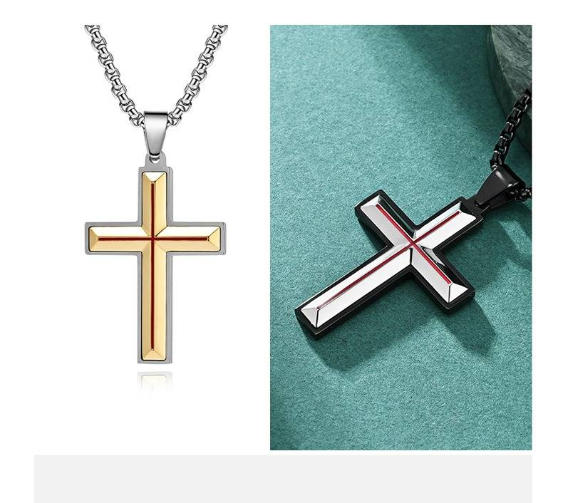 Men's Hip-Hop Stainless Steel Cross Pendant Necklace - Octagonal Cut Design, Durable Titanium Steel Chain, Unisex Fashion Statement Sweater Chain_voghion.com