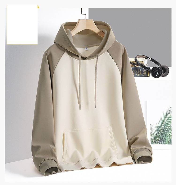 Men's Color-Block Fleece Hoodie – Raglan Sleeve Pullover With Contrast Panels, Streetwear Essential (Light Grey/Khaki/Beige)_voghion.com