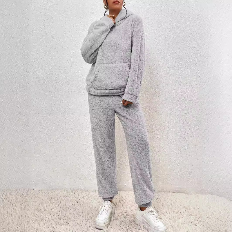 Pigiama da donna autunnali, caldo, con scollo rotondo, due pezzi, tinta unita, casual, comodo, abbigliamento da casa per donna_voghion.com