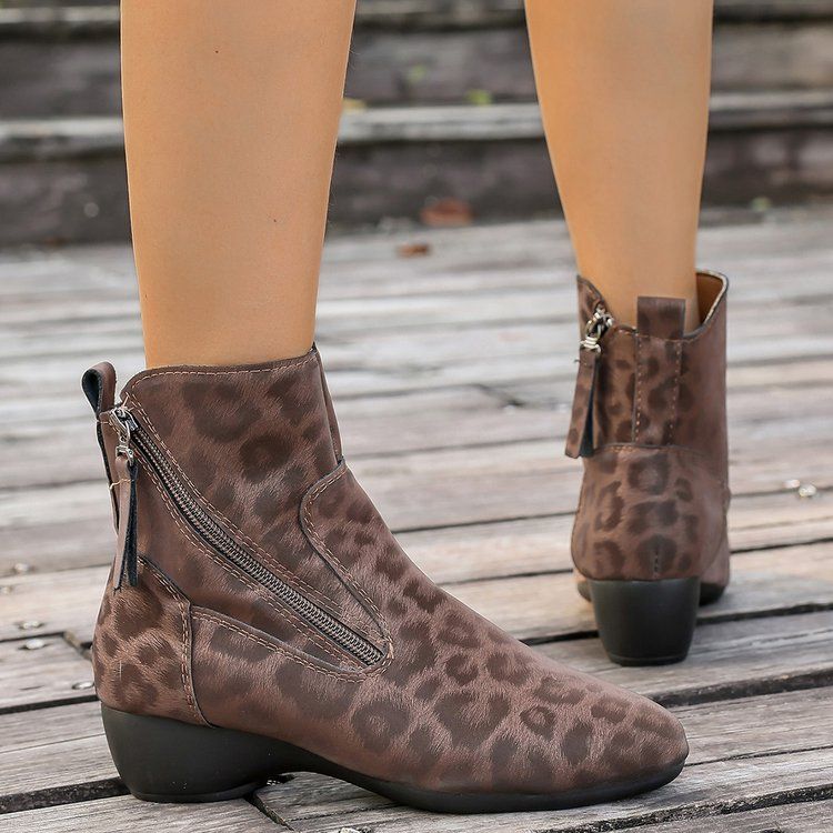 Women's Leopard Print Ankle Boots With Side Zipper Design And Thick-heeled Anti-slip Soles. Fashionable And Versatile Styles_voghion.com