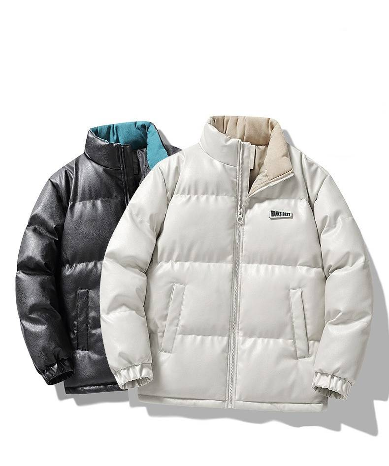 Glänzende PU-Steppjacke für Herren – Kurzer Bomberjacken-Stil mit Stehkragen, dicker Wintermantel (Schwarz, Cremeweiß)_voghion.com