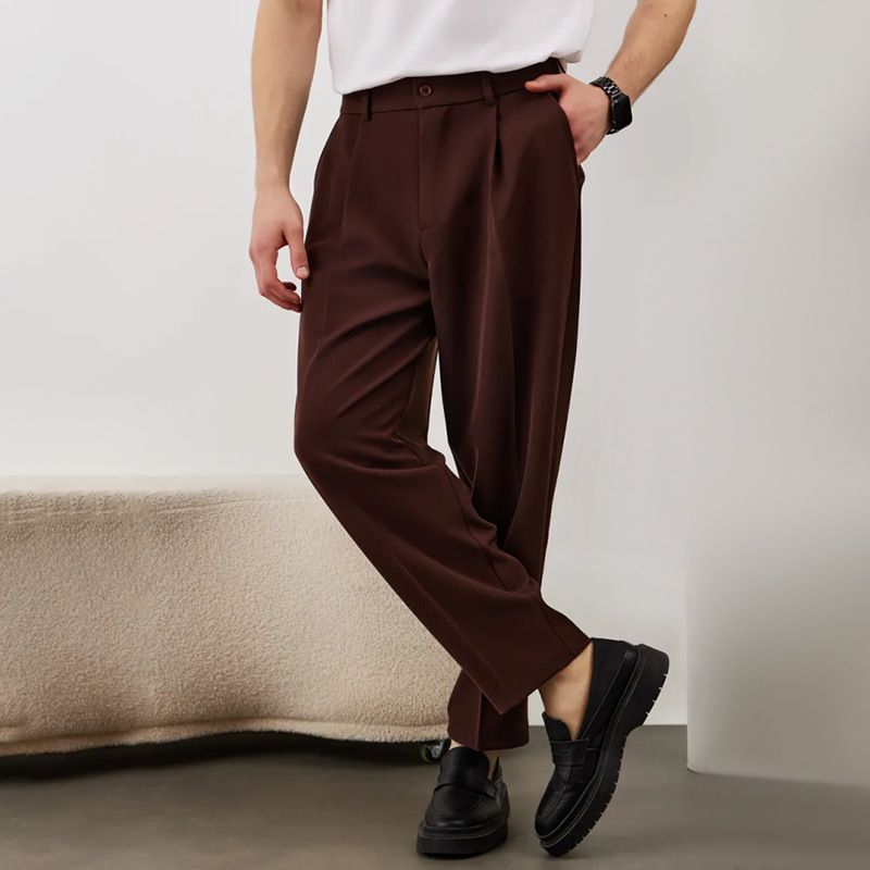 Calças sociais slim fit para homens – Calças retas de poliéster com pregas frontais e bolsos inclinados, essenciais para o dia a dia_voghion.com