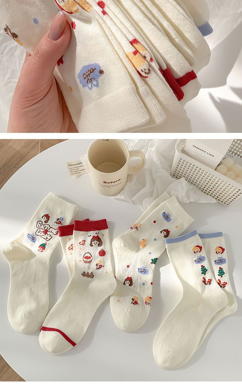 Calcetines de tubo medianos de Fairy Tale Town, bonitos calcetines japoneses para mujer, dulces y versátiles, con estampado floral blanco Ins Tide._voghion.com