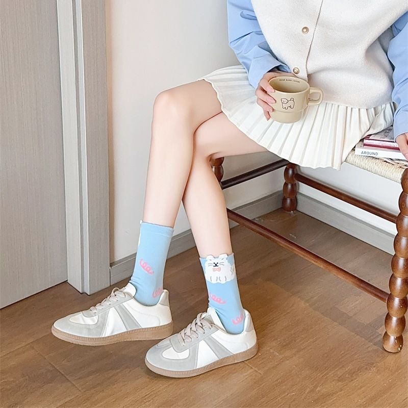 Hand Drawn Animal Print Cotton Socks Cartoon Pattern Crew Socks, Breathable Seamless Comfortable Casual Socks, Multi-Color Dotted Design_voghion.com