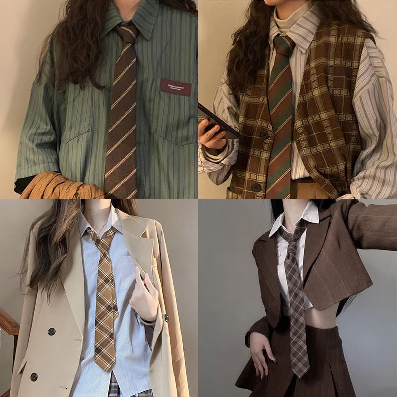 Braun kariert gestreift Lazy No-Tie College-Stil Kaffee Farbe Männer Bachelor Uniform Fliege für Frauen Trendy_voghion.com