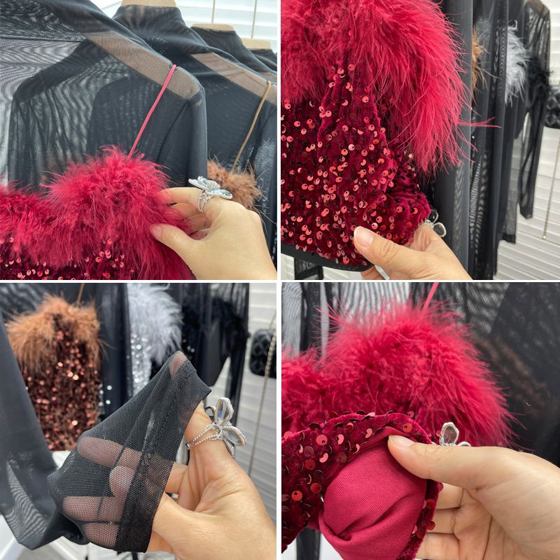 Completo due pezzi con canotta in pelliccia e paillettes + maglietta a maniche lunghe con collo alto e mezza maglia in prospettiva_voghion.com