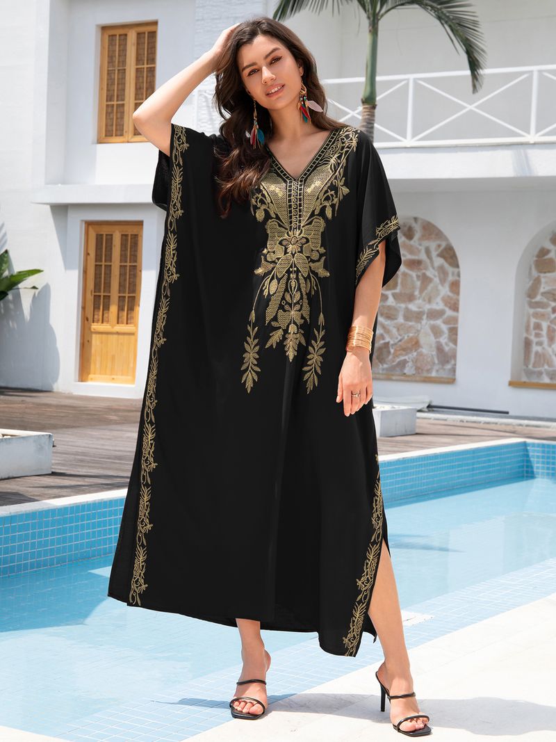 Copricostume da spiaggia da donna, in cotone, con ricami dorati, per le feste_voghion.com
