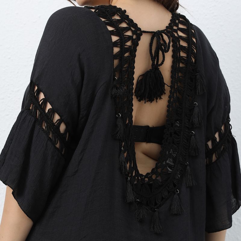 Beach Series Plus Size Women's Hand Hooked Patchwork Sexy Open Back Ruffle Short Beach Blouse_voghion.com