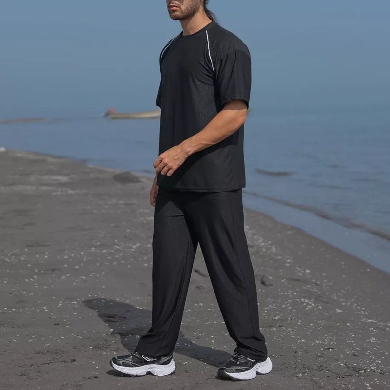 Conjunto de camiseta de manga corta y cuello redondo de algodón tipo gofre para hombre y pantalones cortos informales de corte holgado – Transpirable y cómodo para deportes y uso diario_voghion.com