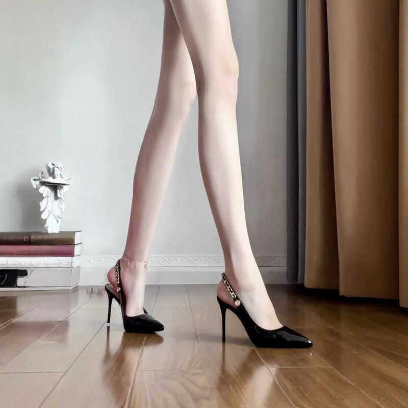 2024 New Patent Leather Chain Elegant Sexy Black Pointed Toe Stiletto French Style High Heels Women's Closed-Toe Sandals_voghion.com