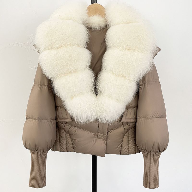 Women's Winter Fox Fur Collar Short Puffer Jacket, 90% White Duck Down, Detachable Hood, Petite-Friendly Cropped Coat_voghion.com